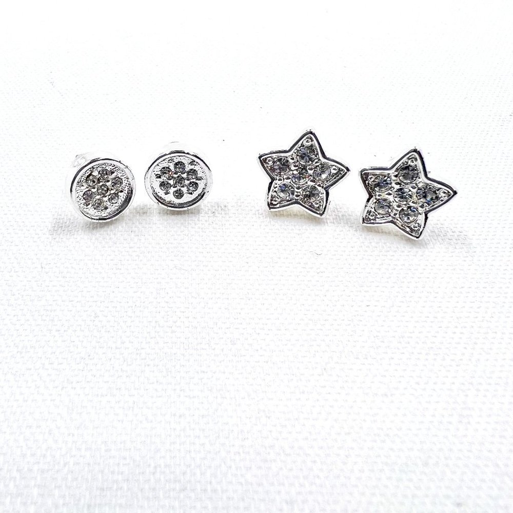 NWOT - Set of 2 - Shiny Silver Tone Star & Circle Jeweled Post Earrings